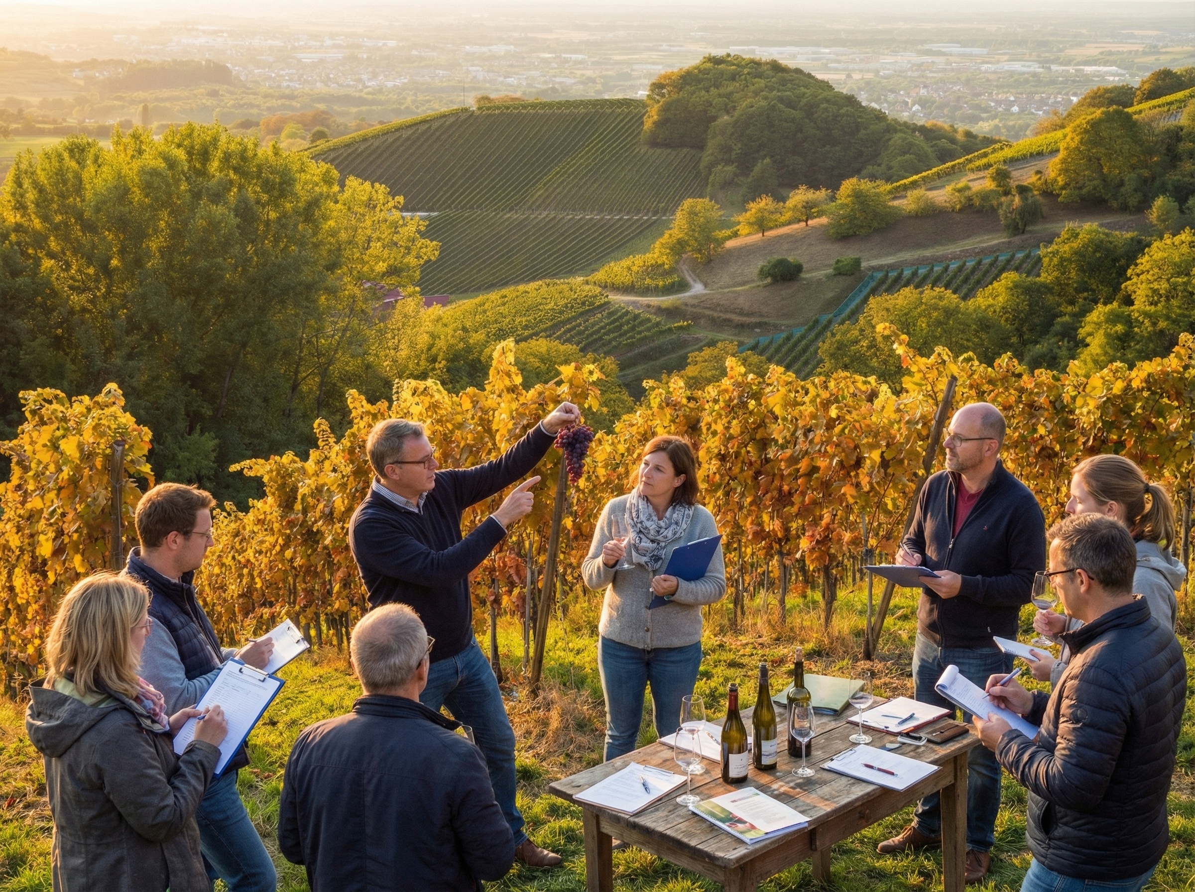 Sieben Personen stehen in einem herbstlichen Weinberg bei goldenem Sonnenlicht. Ein Mann hält eine Traube hoch und erklärt den anderen Teilnehmern, die Notizen auf Klemmbrettern machen. Auf einem rustikalen Holztisch stehen Weinflaschen und Gläser. Im Hintergrund erstrecken sich weitere Weinberge und eine Siedlung im Tal.